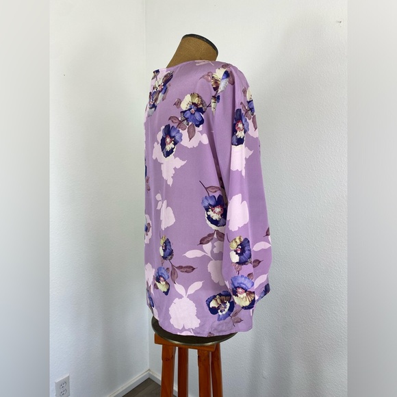 David Lawrence Silk Blouse 14 Floral Ruched Sleeve Lavender Keyhole Semi Sheer - Picture 11 of 13